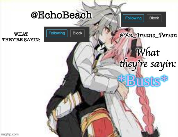 EchoBeach and InsanePerson shared temp :3 | *Busts* | image tagged in echobeach and insaneperson shared temp 3 | made w/ Imgflip meme maker