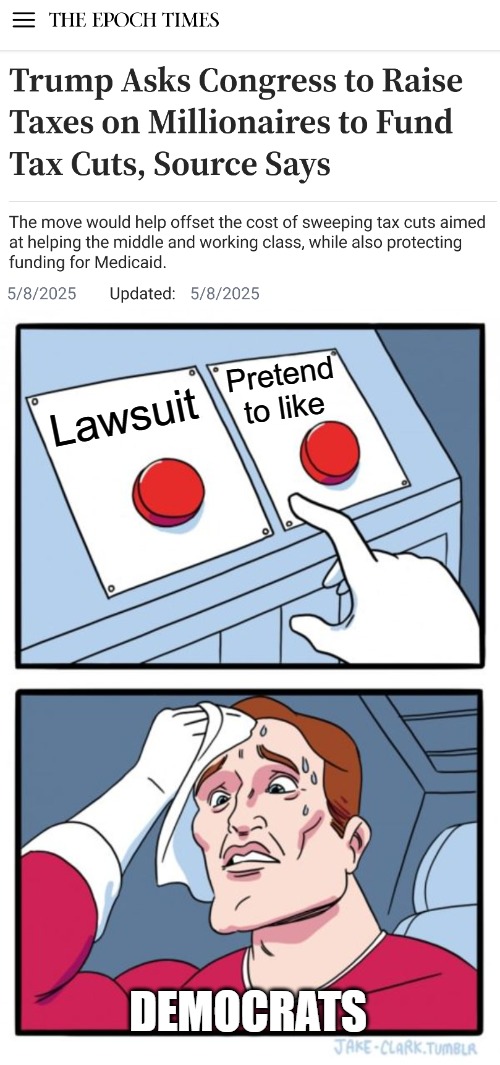 With other deals Republicans like, this might actually succeed. Depending on the amount... | Pretend to like; Lawsuit; DEMOCRATS | image tagged in memes,two buttons,american politics,donald trump,taxes | made w/ Imgflip meme maker