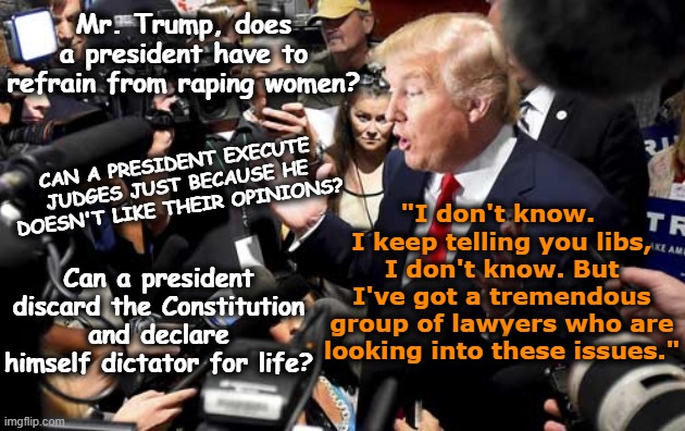 tRump and Constitutional Questions | Mr. Trump, does a president have to refrain from raping women? "I don't know.  I keep telling you libs, I don't know. But I've got a tremendous group of lawyers who are looking into these issues."; CAN A PRESIDENT EXECUTE JUDGES JUST BECAUSE HE DOESN'T LIKE THEIR OPINIONS? Can a president discard the Constitution and declare himself dictator for life? | image tagged in donald trump memes,presidential alert,mainstream media,donald trump is an idiot,nevertrump meme,law and order | made w/ Imgflip meme maker