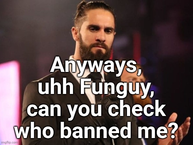 Money's on Zeta | Anyways, uhh Funguy, can you check who banned me? | image tagged in seth rollins | made w/ Imgflip meme maker