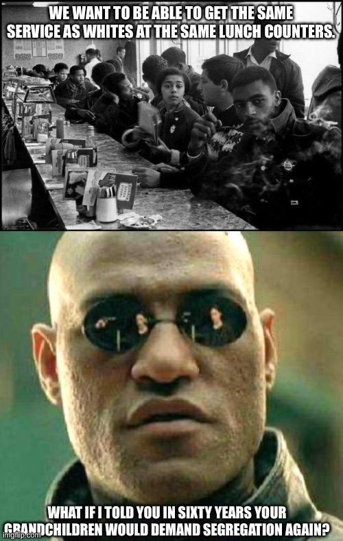 WE WANT TO BE ABLE TO GET THE SAME SERVICE AS WHITES AT THE SAME LUNCH COUNTERS. WHAT IF I TOLD YOU IN SIXTY YEARS YOUR GRANDCHILDREN WOULD DEMAND SEGREGATION AGAIN? | image tagged in lunch counter sit-in,what if i told you | made w/ Imgflip meme maker