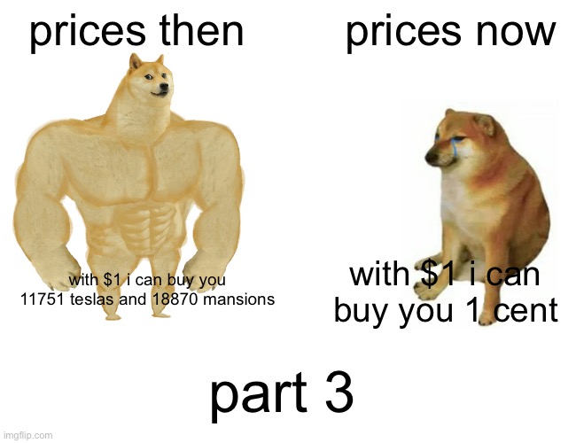 Buff Doge vs. Cheems | prices then; prices now; with $1 i can buy you 11751 teslas and 18870 mansions; with $1 i can buy you 1 cent; part 3 | image tagged in memes,buff doge vs cheems | made w/ Imgflip meme maker