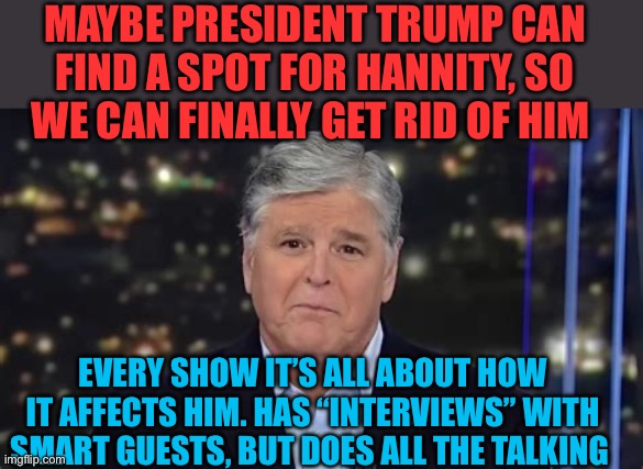 Self-centered Hannity is annoying | MAYBE PRESIDENT TRUMP CAN FIND A SPOT FOR HANNITY, SO WE CAN FINALLY GET RID OF HIM; EVERY SHOW IT’S ALL ABOUT HOW IT AFFECTS HIM. HAS “INTERVIEWS” WITH SMART GUESTS, BUT DOES ALL THE TALKING | image tagged in gifs,sean hannity,fox news,annoying | made w/ Imgflip meme maker