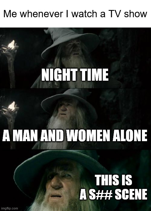 Confused Gandalf Meme | Me whenever I watch a TV show; NIGHT TIME; A MAN AND WOMEN ALONE; THIS IS A S## SCENE | image tagged in memes,confused gandalf | made w/ Imgflip meme maker