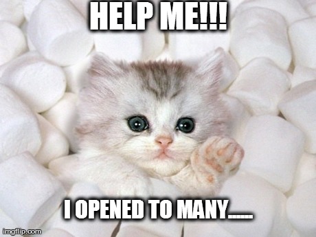 HELP ME!!! I OPENED TO MANY...... | image tagged in kitten,cats,cute,marshmellows | made w/ Imgflip meme maker
