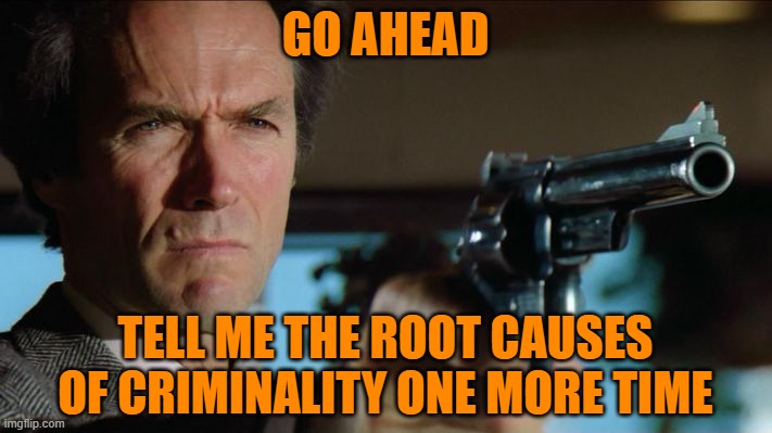 Dirty Harry | GO AHEAD; TELL ME THE ROOT CAUSES OF CRIMINALITY ONE MORE TIME | image tagged in dirty harry,criminality,root causes | made w/ Imgflip meme maker