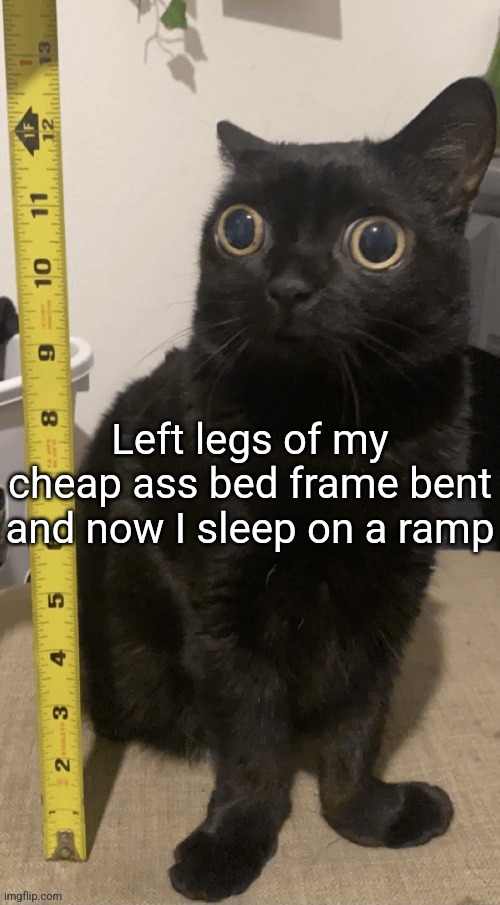H | Left legs of my cheap ass bed frame bent and now I sleep on a ramp | image tagged in h | made w/ Imgflip meme maker