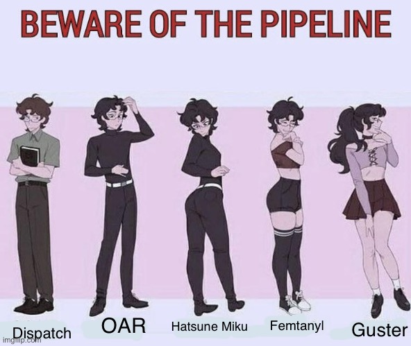 Inside joke between my friend group | Hatsune Miku; OAR; Femtanyl; Guster; Dispatch | image tagged in beware of the pipeline | made w/ Imgflip meme maker