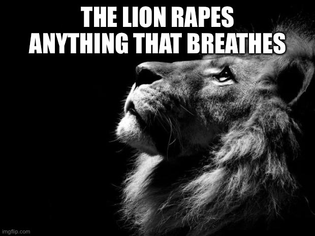 sad lion | THE LION RAPES ANYTHING THAT BREATHES | image tagged in sad lion | made w/ Imgflip meme maker