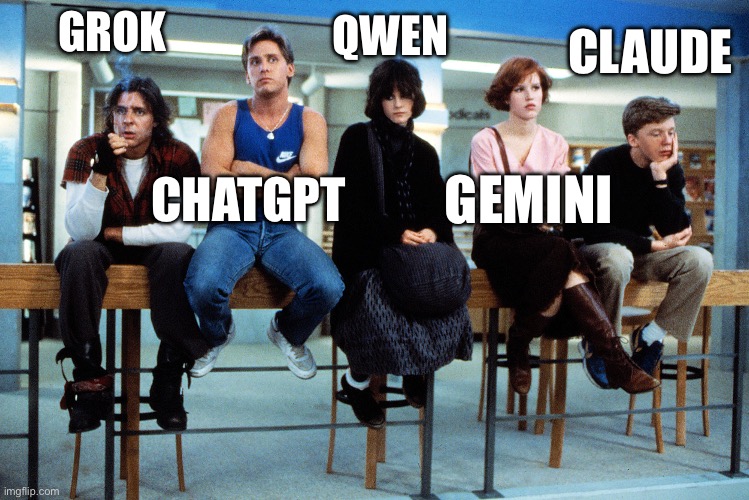 LLM club | QWEN; GROK; CLAUDE; CHATGPT; GEMINI | image tagged in breakfast club | made w/ Imgflip meme maker