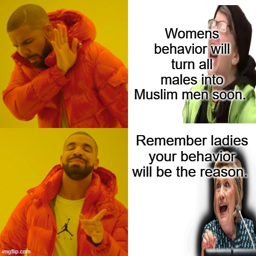 Women are just not lady like anymore.Men will no longer defend you from yourself . | Womens behavior will turn all males into Muslim men soon. Remember ladies your behavior will be the reason. | image tagged in memes,drake hotline bling | made w/ Imgflip meme maker