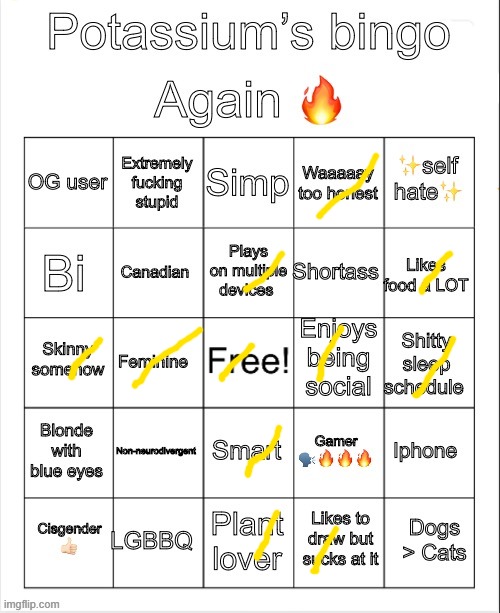 Potassium Bingo V4 | image tagged in potassium bingo v4 | made w/ Imgflip meme maker
