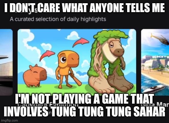 Robloc | I DON'T CARE WHAT ANYONE TELLS ME; I'M NOT PLAYING A GAME THAT INVOLVES TUNG TUNG TUNG SAHAR | image tagged in brainrot,roblox,capybara | made w/ Imgflip meme maker