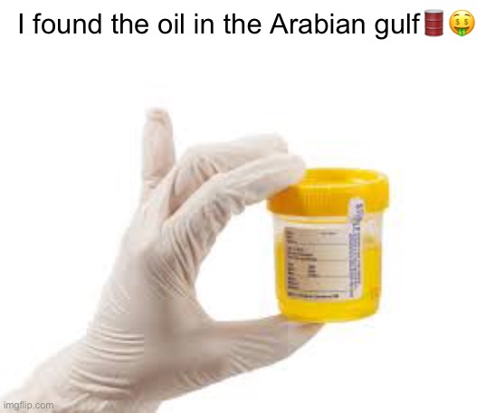 Urine sample | I found the oil in the Arabian gulf🛢🤑 | image tagged in urine sample,oil,memes,arabian gulf,iran,black gold | made w/ Imgflip meme maker