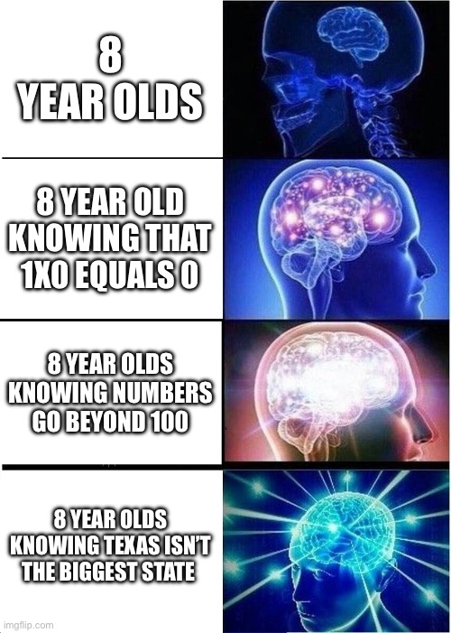 8 year olds be like | 8 YEAR OLDS; 8 YEAR OLD KNOWING THAT 1X0 EQUALS 0; 8 YEAR OLDS KNOWING NUMBERS GO BEYOND 100; 8 YEAR OLDS KNOWING TEXAS ISN’T THE BIGGEST STATE | image tagged in memes,expanding brain | made w/ Imgflip meme maker