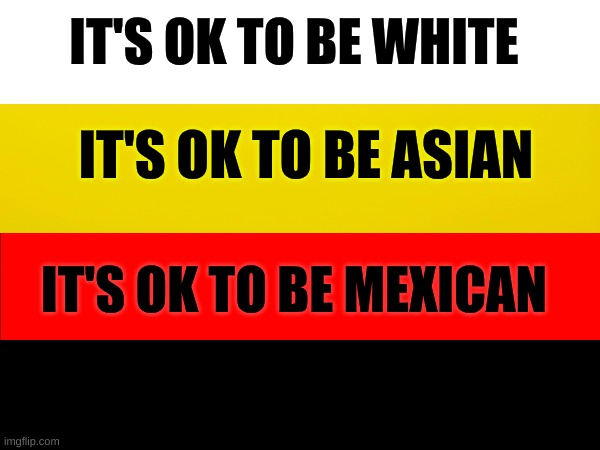 e | IT'S OK TO BE WHITE; IT'S OK TO BE ASIAN; IT'S OK TO BE MEXICAN | image tagged in funny | made w/ Imgflip meme maker