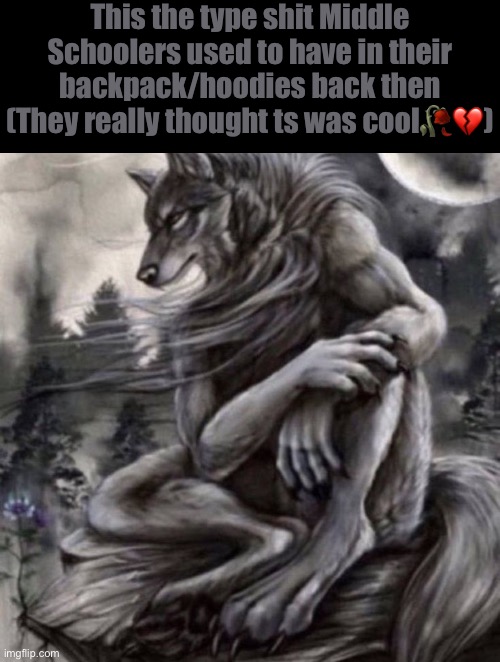 Alpha wolf | This the type shit Middle Schoolers used to have in their backpack/hoodies back then (They really thought ts was cool🥀💔) | image tagged in alpha wolf | made w/ Imgflip meme maker