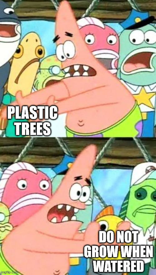 PLASTIC TREES DO NOT GROW WHEN WATERED | image tagged in memes,put it somewhere else patrick | made w/ Imgflip meme maker