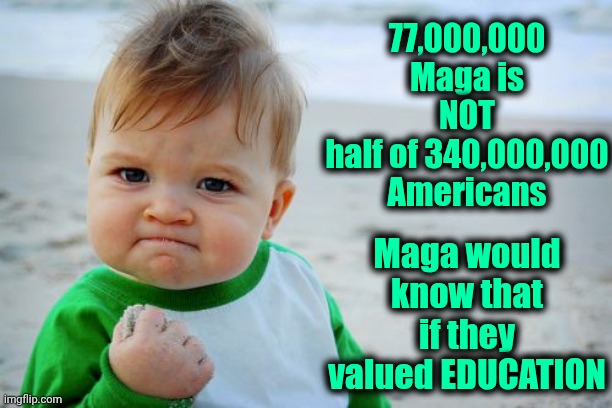 Education | 77,000,000 Maga is
NOT
half of 340,000,000 Americans; Maga would know that if they valued EDUCATION | image tagged in memes,success kid original,banning books is the same as burning books,maga,education,knowledge is power | made w/ Imgflip meme maker