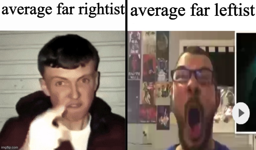 centrism is the best ideology | average far rightist; average far leftist | image tagged in average fan vs nerd average fan,far right,far left | made w/ Imgflip meme maker