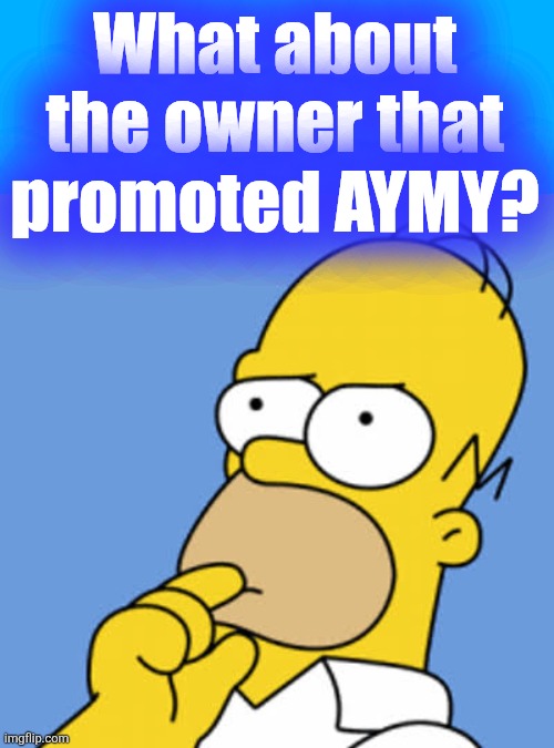 Homer Pondering | What about the owner that promoted AYMY? | image tagged in homer pondering | made w/ Imgflip meme maker