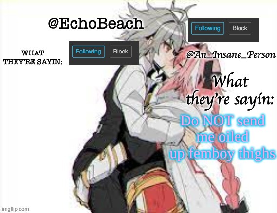 EchoBeach and InsanePerson shared temp :3 | Do NOT send me oiled up femboy thighs | image tagged in echobeach and insaneperson shared temp 3 | made w/ Imgflip meme maker