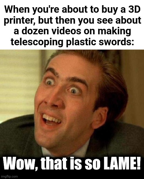 Maybe I'll buy a metal lathe instead | When you're about to buy a 3D
printer, but then you see about
a dozen videos on making
telescoping plastic swords:; Wow, that is so LAME! | image tagged in nicolas cage,3d printing,fidget spinner,plastic swords,memes,lame | made w/ Imgflip meme maker