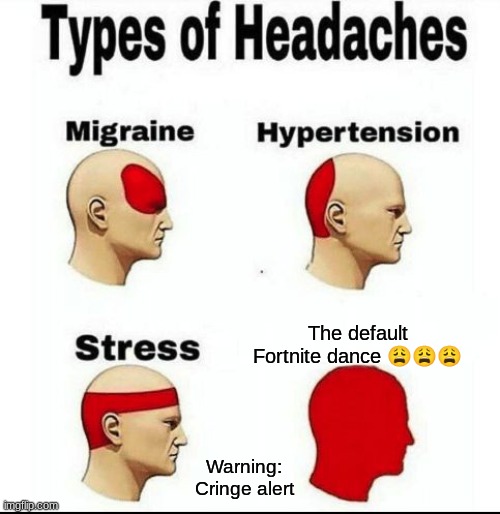 Warning: Cringe Alert | The default Fortnite dance 😩😩😩; Warning: Cringe alert | image tagged in types of headaches meme | made w/ Imgflip meme maker
