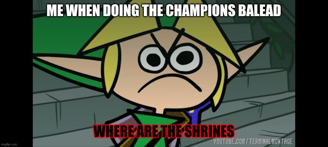 Furious Link | ME WHEN DOING THE CHAMPIONS BALEAD; WHERE ARE THE SHRINES | image tagged in furious link | made w/ Imgflip meme maker