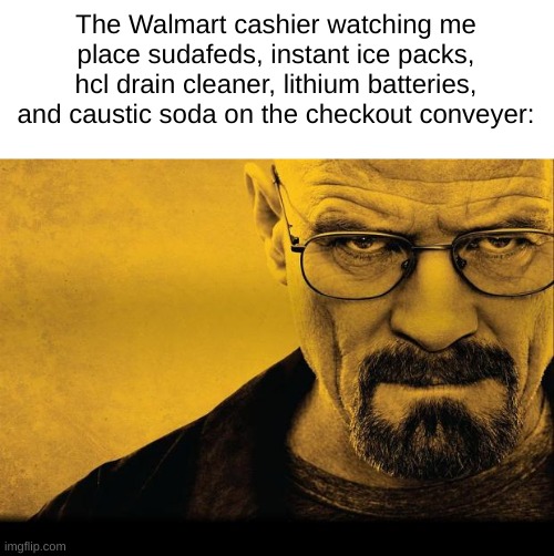 s | The Walmart cashier watching me place sudafeds, instant ice packs, hcl drain cleaner, lithium batteries, and caustic soda on the checkout conveyer: | made w/ Imgflip meme maker