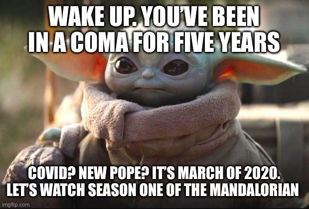 Baby Yoda | WAKE UP. YOU’VE BEEN IN A COMA FOR FIVE YEARS; COVID? NEW POPE? IT’S MARCH OF 2020. LET’S WATCH SEASON ONE OF THE MANDALORIAN | image tagged in baby yoda | made w/ Imgflip meme maker