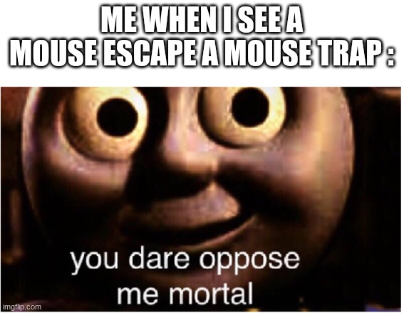 you dare oppose me mortal | ME WHEN I SEE A MOUSE ESCAPE A MOUSE TRAP : | image tagged in you dare oppose me mortal | made w/ Imgflip meme maker