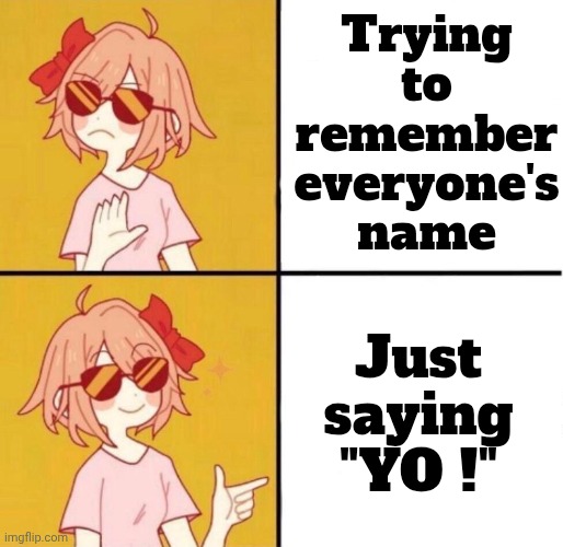 no yes girl | Trying to remember everyone's name Just saying "YO !" | image tagged in no yes girl | made w/ Imgflip meme maker