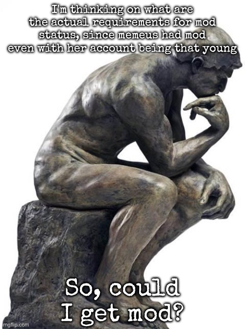 Thinking Man Statue | I'm thinking on what are the actual requirements for mod status, since memeus had mod even with her account being that young; So, could I get mod? | image tagged in thinking man statue,msmg | made w/ Imgflip meme maker
