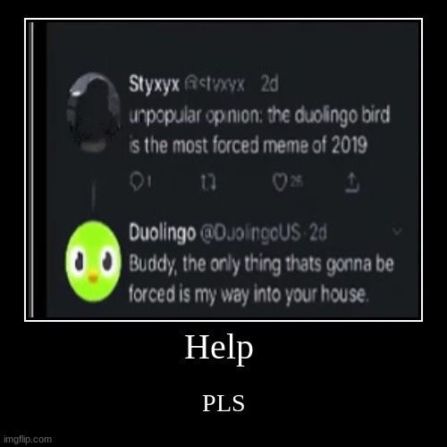 Help | Help | PLS | image tagged in duolingo | made w/ Imgflip demotivational maker