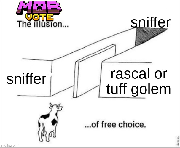 Illusion of free choice | sniffer; sniffer; rascal or tuff golem | image tagged in illusion of free choice,minecraft,mob vote | made w/ Imgflip meme maker