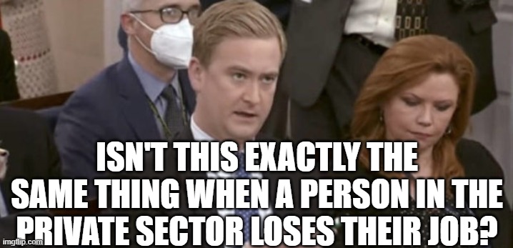 Peter Doocy asking questions | ISN'T THIS EXACTLY THE SAME THING WHEN A PERSON IN THE PRIVATE SECTOR LOSES THEIR JOB? | image tagged in peter doocy asking questions | made w/ Imgflip meme maker