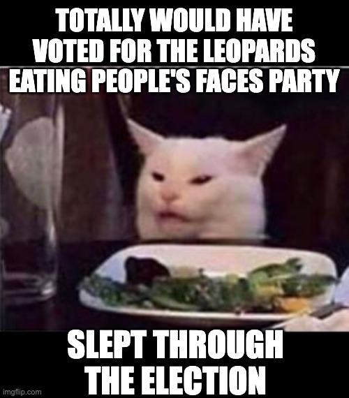 white dinner table cat | TOTALLY WOULD HAVE VOTED FOR THE LEOPARDS EATING PEOPLE'S FACES PARTY; SLEPT THROUGH
THE ELECTION | image tagged in white dinner table cat | made w/ Imgflip meme maker