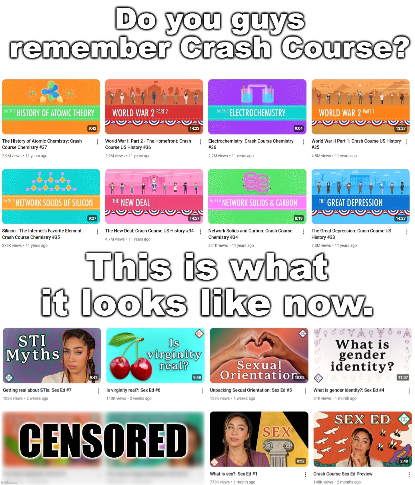 Oh, how the mighty have fallen | Do you guys remember Crash Course? This is what it looks like now. CENSORED | image tagged in blank white template,go woke go broke,woke,crash course,youtube | made w/ Imgflip meme maker