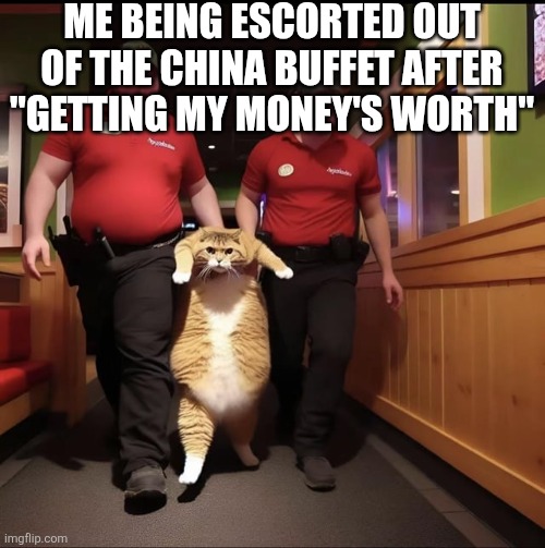 Me Being Escorted Out Of The China Buffet After Getting My Money's Worth | ME BEING ESCORTED OUT OF THE CHINA BUFFET AFTER "GETTING MY MONEY'S WORTH" | image tagged in chrisjoines1 | made w/ Imgflip meme maker