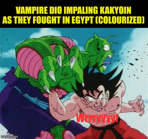 Goku Gut Punch | VAMPIRE DIO IMPALING KAKYOIN AS THEY FOUGHT IN EGYPT (COLOURIZED); Wrrryyyy! | image tagged in memes,goku,piccolo | made w/ Imgflip meme maker