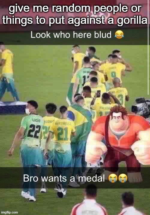 bro wants a medal | give me random people or things to put against a gorilla | image tagged in bro wants a medal | made w/ Imgflip meme maker