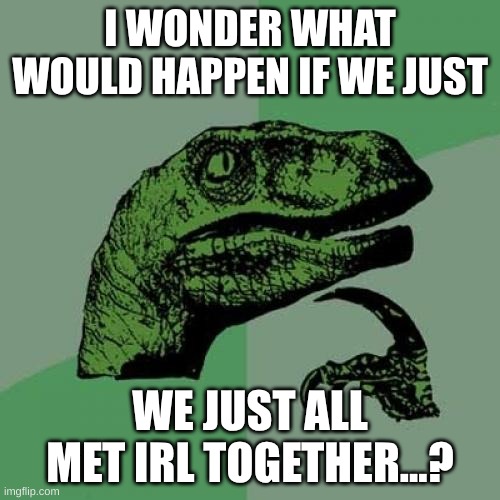 Interesting concept, ain't it? And maybe we'd talk about, things. idk... | I WONDER WHAT WOULD HAPPEN IF WE JUST; WE JUST ALL MET IRL TOGETHER...? | image tagged in memes,philosoraptor,fresh memes,irl | made w/ Imgflip meme maker