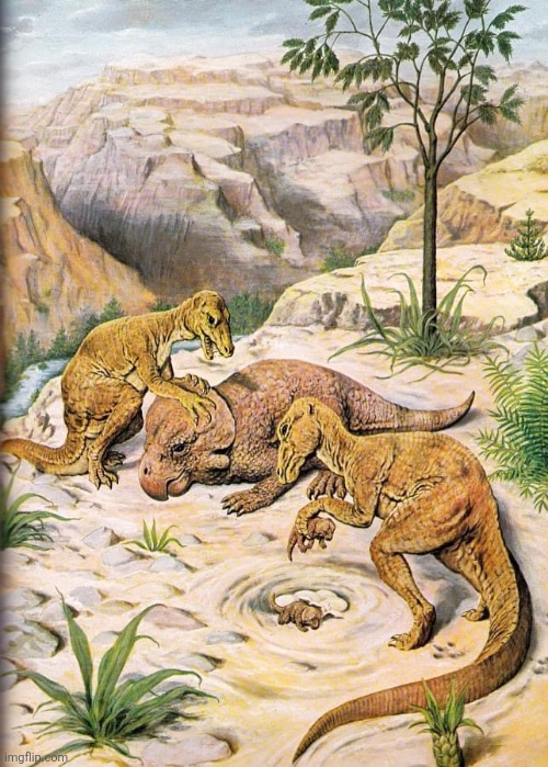 Old paleoart.mp3 | image tagged in velociraptors and protoceratops by thomas crosby | made w/ Imgflip meme maker