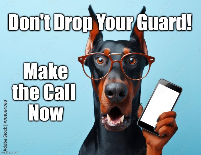 Dobe Make Call | Don't Drop Your Guard! Make the Call 
Now | image tagged in don't drop guard,make call,doberman | made w/ Imgflip meme maker
