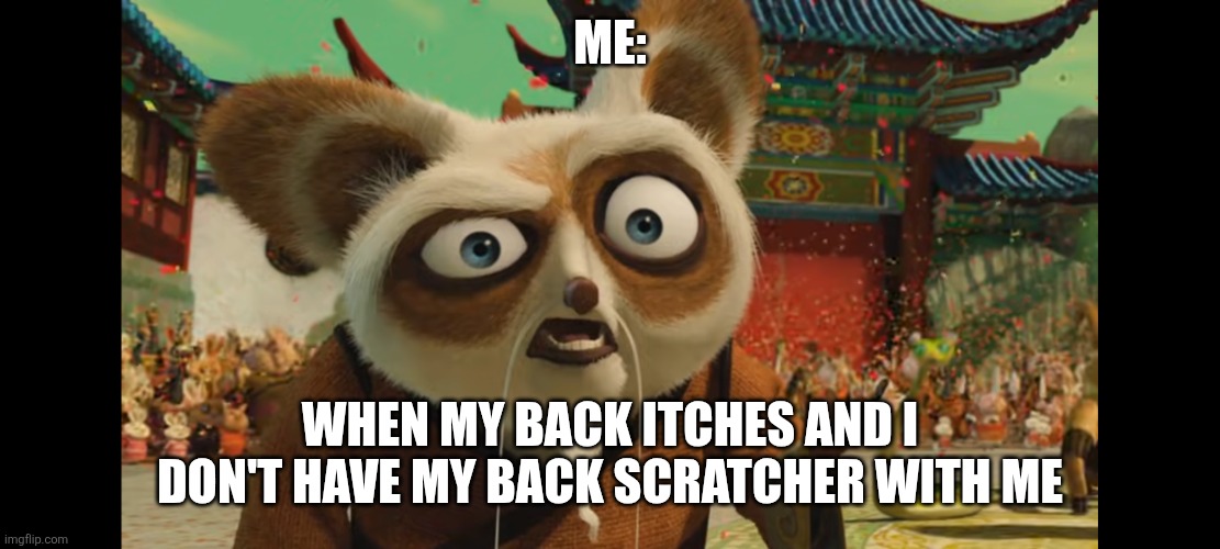 When I don't have my back scratcher with me | ME:; WHEN MY BACK ITCHES AND I DON'T HAVE MY BACK SCRATCHER WITH ME | image tagged in annoyed shifu,relatable memes,relatable,funny,funny memes,jpfan102504 | made w/ Imgflip meme maker