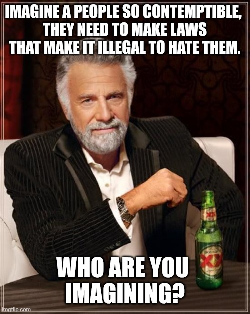 Who? | IMAGINE A PEOPLE SO CONTEMPTIBLE, 
THEY NEED TO MAKE LAWS THAT MAKE IT ILLEGAL TO HATE THEM. WHO ARE YOU 
IMAGINING? | image tagged in memes,the most interesting man in the world | made w/ Imgflip meme maker