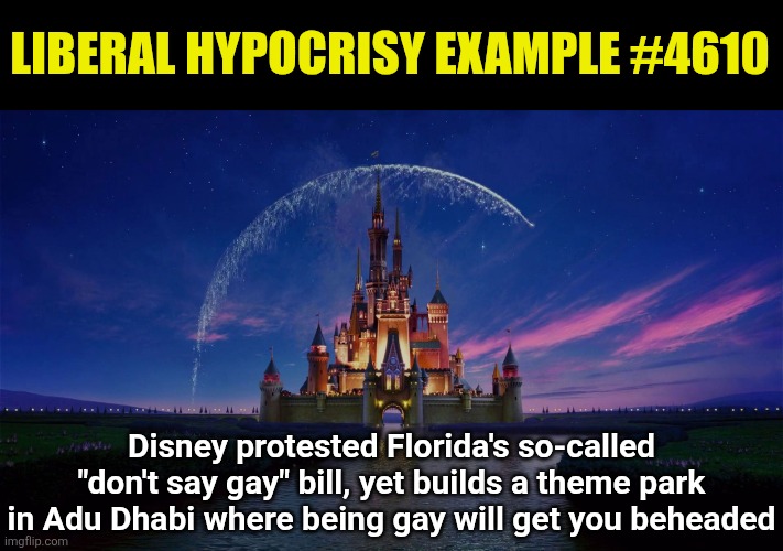 Disney hates any laws in the US that don't treat gays like royalty, yet builds parks in countries where gay = death penalty??? | LIBERAL HYPOCRISY EXAMPLE #4610; Disney protested Florida's so-called "don't say gay" bill, yet builds a theme park in Adu Dhabi where being gay will get you beheaded | image tagged in disney castle,liberal hypocrisy,middle east,show me the money,liberal logic,so you have chosen death | made w/ Imgflip meme maker
