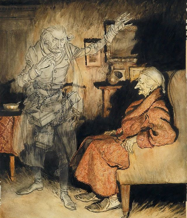 Scrooge getting visited by Marley Blank Meme Template