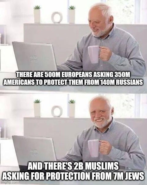 Not adding up... | THERE ARE 500M EUROPEANS ASKING 350M AMERICANS TO PROTECT THEM FROM 140M RUSSIANS; AND THERE'S 2B MUSLIMS ASKING FOR PROTECTION FROM 7M JEWS | image tagged in memes,hide the pain harold | made w/ Imgflip meme maker